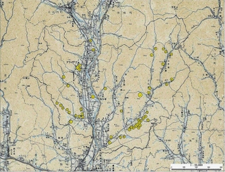 シカの姿を目撃した地点を記録した地図（市川町提供）