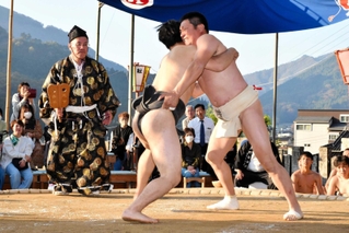 奉納相撲で激しい取組を披露する住民たち＝宝殿神社