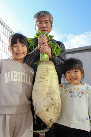 三輪太郎さん宅の庭で収穫された巨大大根＝福崎町東田原