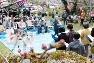 サクラが咲き始めた会場で音楽を楽しむ地元住民ら＝赤穂市尾崎