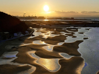 朝日を受けて輝く干潟。独特な模様が浮かび上がった＝１６日朝、たつの市御津町黒崎（ドローンで撮影）
