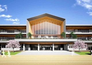 校舎中央の図書館、交流スペースはガラス張りの吹き抜けで、内装には木材を使用する（たつの市提供）