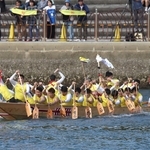 一般男子の部・決勝で長崎県の強豪チームを破り、１６連覇を達成した磯風漕友会の選手たち＝相生市の相生湾（撮影・辰巳直之）