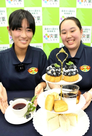 ブルーベリーをふんだんに使ったアフタヌーンティーセットを開発した中川優奈さん（右）と高橋文子さん＝宍粟市役所