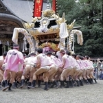 屋台を回転させる大技「腕回し」を披露する伊和神社の氏子たち＝宍粟市一宮町須行名