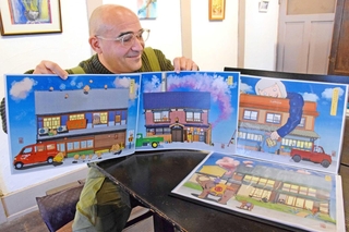 龍野城下の古民家をイラスト化したペルー・フレデリックさん。ペンネームの「ワカメタマゴ」は好きなそばのトッピングという＝たつの市龍野町富永