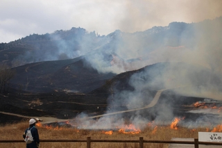 枯れ草が焼かれ、焦げ茶色の地表になった砥峰高原＝神河町川上