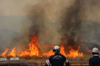 枯れ草を焼き尽くす炎＝神河町川上、砥峰高原