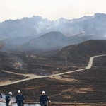山焼きを終え、焦げ茶色になった砥峰高原＝神河町川上