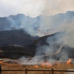 枯れ草が焼かれ、焦げ茶色の地表になった砥峰高原＝神河町川上