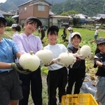 「重い」「白い」と話しながらカボチャの豊作を喜ぶ子どもたち＝神河町粟賀町