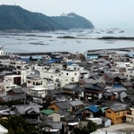高台から望む南あわじ市福良地区の町並み。古い家屋が目立つ