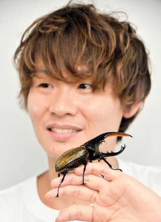 飼育するヘラクレスオオカブトを手にのせるむし岡だいきさん＝東京都港区
