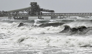 台風７号の影響で激しく波が立つ海岸付近＝１５日午前７時５９分、洲本市由良町（撮影・内田世紀）