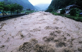 台風７号による大雨で水位が増した矢田川＝１５日午後３時５７分、兵庫県香美町村岡区川会（撮影・長谷部崇）
