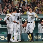 阪神－巨人　６回裏阪神２死一塁、ツーランを放った佐藤（８）を祝福する阪神ベンチのナイン＝１４日、西宮市の甲子園球場（撮影・小林良多）