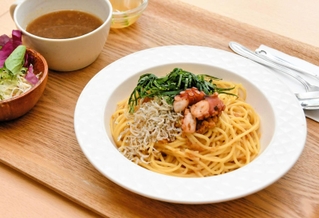 福島県応援メニューとして提供が始まったパスタランチ。福島のシラスに加え、兵庫県産のタコも使われている＝兵庫県庁