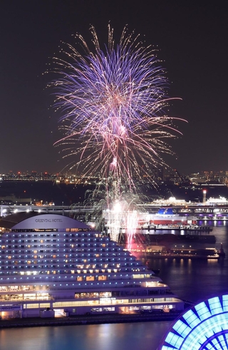 ミナト神戸をつかの間彩った打ち上げ花火＝１６日夜、神戸市中央区東川崎町１から（撮影・小林良多）