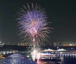 ミナト神戸をつかの間彩った打ち上げ花火＝１６日夜、神戸市中央区東川崎町１から（撮影・小林良多）