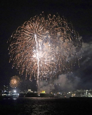 大輪の花火が秋の夜空を彩った＝播磨町新島から