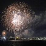 加古川の夜空を彩った花火＝播磨町新島から（撮影・児玉芙友）