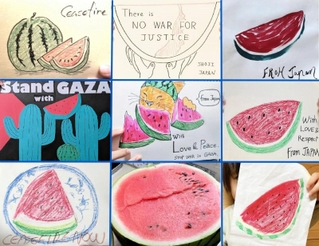 停戦を求めてＳＮＳに投稿されたスイカの絵や写真