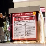 神戸有数の人出でにぎわう元町に登場したＪリーグ順位表。存在感に足を止める姿が目立つ＝神戸市中央区