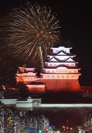 姫路城の世界文化遺産登録３０周年を記念し、打ち上げられた花火＝11日夜、姫路市駅前町から（撮影・辰巳直之）