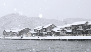一面の雪景色となり、白く染まった町並み＝２１日午前、豊岡市竹野町竹野（撮影・丸山桃奈）