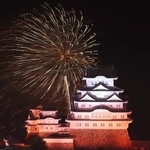 姫路城の世界文化遺産登録３０周年を記念し、打ち上げられた花火＝11日夜、姫路市駅前町から（撮影・辰巳直之）
