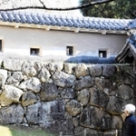 数種類の防カビ剤が試験的に塗られたため、周囲と比べて狭間の周囲が白く保たれている、ろの門東方土塀＝姫路市本町