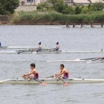 豊岡市の円山川で開かれたローイングの大会。艇はこぎ手の向きと反対側に進む＝５月