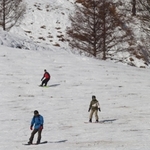 所々で地面が顔をのぞかせるコースを滑るスノーボーダー＝兵庫県香美町小代区大谷