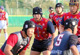 全国高校大会を前に、仲間と練習に励む報徳学園高の前川晏二選手（中央）＝２０２３年１２月２０日、西宮市上大市５、同高グラウンド