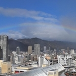 神戸市街地に架かった虹＝４日午後１時１６分、神戸市中央区東川崎町１から（撮影・斎藤雅志）