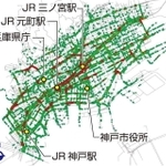 神戸都心部の帰宅困難者のシミュレーション。緑色が人の通行、赤色が人の滞留を表している（理化学研究所提供のデータを加工）