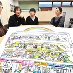 「六甲ウィメンズハウス」のイメージイラストを前にして会議をする「ウィメンズネット・こうべ」のメンバーら＝神戸市長田区久保町５、ＷＡＣＣＡ（撮影・斎藤雅志）