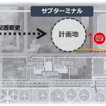 神戸空港で国際チャーター便の発着場となるサブターミナルの配置案。当初計画よりも駅などに近づける（神戸市提供）