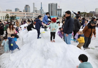 兵庫県北部の香美町から運び込まれた雪で遊ぶ子どもたち＝１７日午前、神戸市中央区波止場町（撮影・長嶺麻子）
