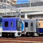 青胴車（右奥）をはじめ複数編成が並ぶ撮影会のイメージ（阪神電気鉄道提供）