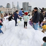 兵庫県北部の香美町から運び込まれた雪で遊ぶ子どもたち＝１７日午前、神戸市中央区波止場町（撮影・長嶺麻子）