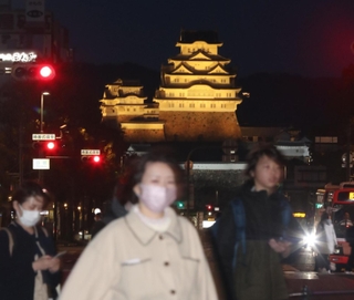 「国際女性デー」でミモザカラーにライトアップされた国宝姫路城＝８日夜、姫路市駅前町から（撮影・辰巳直之）