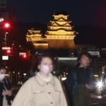 「国際女性デー」でミモザカラーにライトアップされた国宝姫路城＝８日夜、姫路市駅前町から（撮影・辰巳直之）