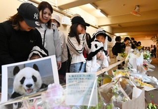 タンタンが過ごしたパンダ舎を訪れ、別れを告げる人たち。献花台には写真やフルーツ、手紙なども手向けられた＝２日、神戸市灘区王子町３（撮影・大田将之）