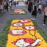 開幕した「インフィオラータこうべ」の元町あなもん会場。華やかな花びらが街角を彩った＝２７日午後、神戸市中央区元町通１（撮影・小林良多）