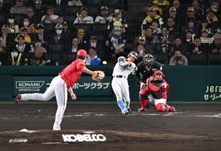 打撃の様子がよく分かるセンターからのアングル。テレビ中継では主流になっている＝４月９日の阪神ー広島戦から、甲子園球場
