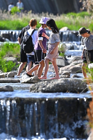 水辺で元気に遊ぶ子どもら＝５日午後、神戸市東灘区の住吉川（撮影・斎藤雅志）