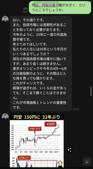 「チャンスです」と投資市場の現状を説明し、投資を誘う専門家を名乗る人物からの投稿（男性提供）