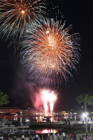相生ペーロン祭の海上花火大会で夜空や湾内を彩る花火＝２５日夜、相生市の相生湾（撮影・辰巳直之）