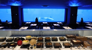 シャチを眺めながら食事ができる「ブルーオーシャンオルカスタディアム」＝２８日午後、神戸市須磨区若宮町１、神戸須磨シーワールド（撮影・笠原次郎）